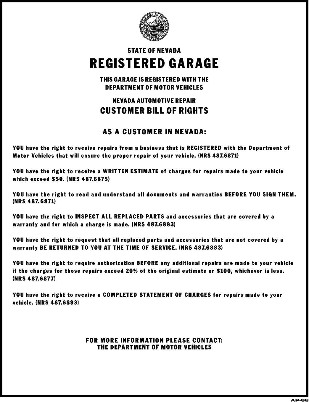 REGISTERED GARAGE STATE OF NEVADA 28x22 AP-68