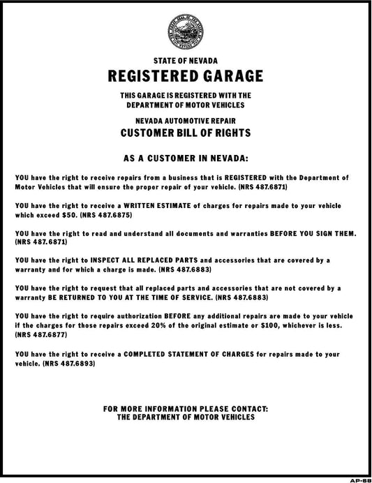 REGISTERED GARAGE STATE OF NEVADA 28x22 AP-68