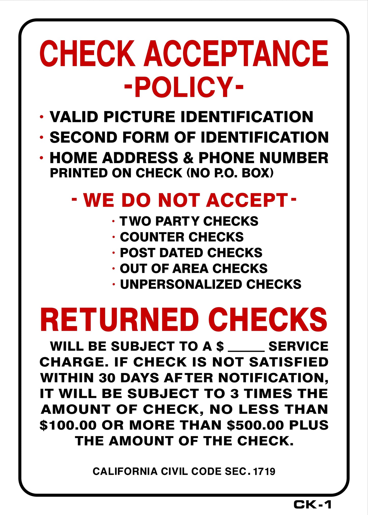 CK-1 CHECK ACCEPTANCE POLICY 14x10