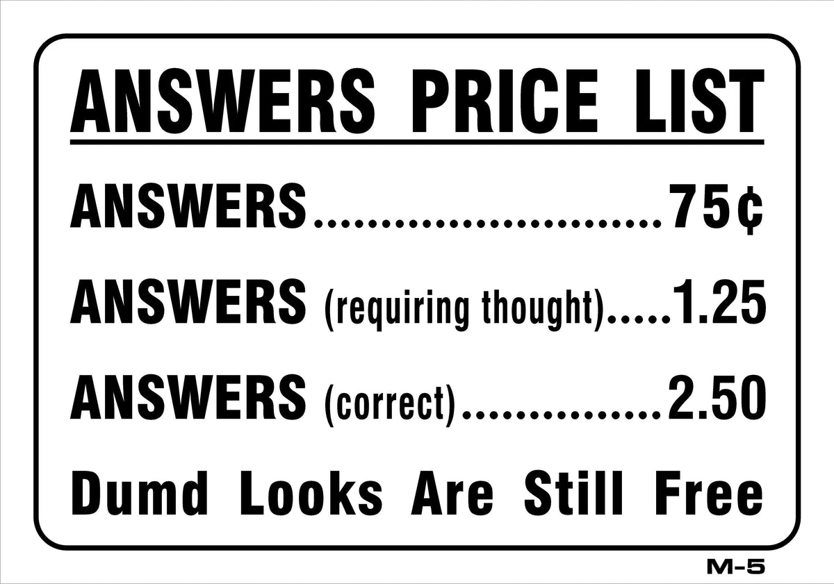 Answer Price M-5 ANSWER PRICE LIST 7x10 – JiffySign